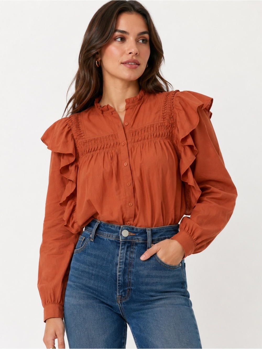 Astr Rust Ruffle-Trim Button Front Blouse